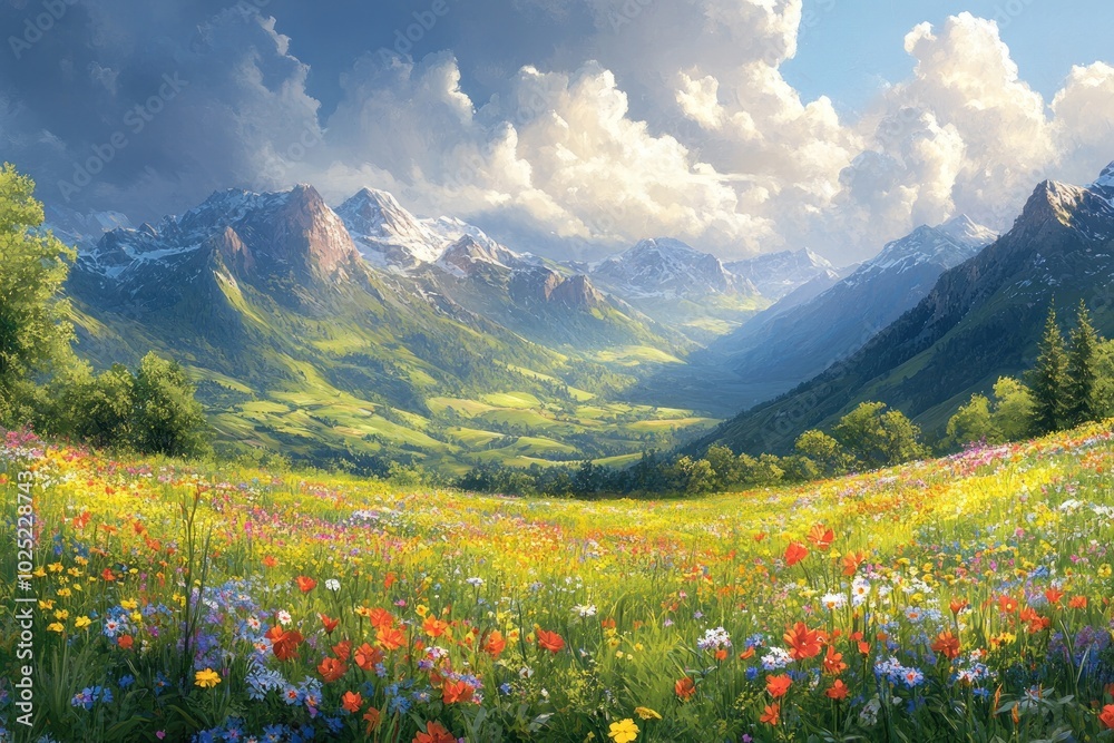 A picturesque mountain valley with a lush meadow filled with wildflowers in bloom and snow-capped mountains in the background under a cloudy sky. A picturesque mountain valley with a lush meadow filled with wildflowers in bloom and snow-capped mountains in the background under a cloudy sky.