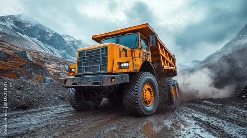 A yellow dump truck drives on a muddy road in the mountains.