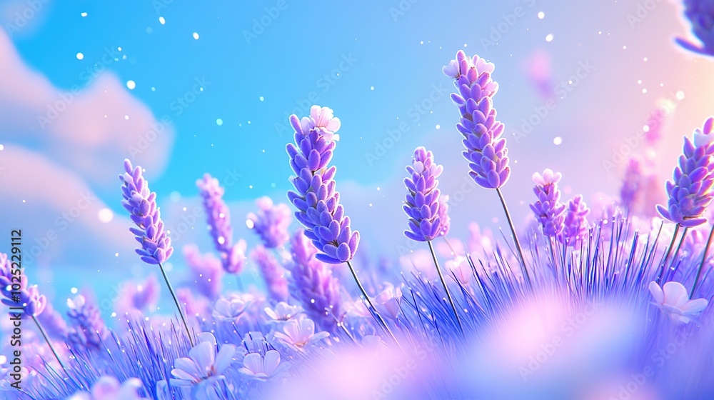 Naklejka premium A field full of lavender blooms beneath a blue sky and fluffy cloud backdrop