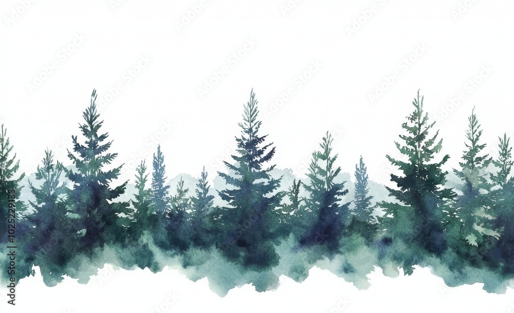 Fototapeta premium Illustration of a coniferous forest, illustrated in watercolor, spruce. Winter, outdoor, snowy rural background design, conifer, snow. Mysterious fir or pine trees for winter Christmas design.