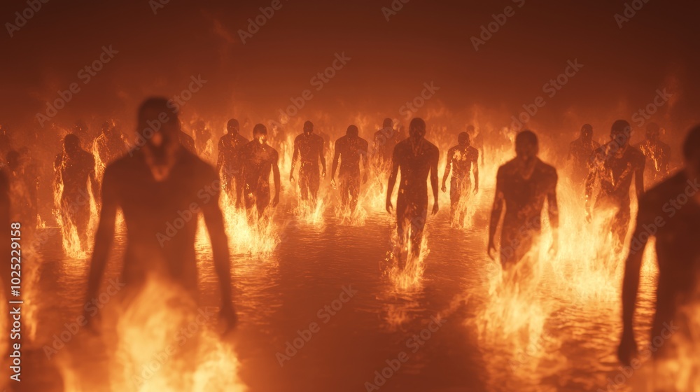 Infernal Passage: Haunting Ghostly Procession Through Fiery Hellscape with Cinematic Lighting Infernal Passage: Haunting Ghostly Procession Through Fiery Hellscape with Cinematic Lighting
