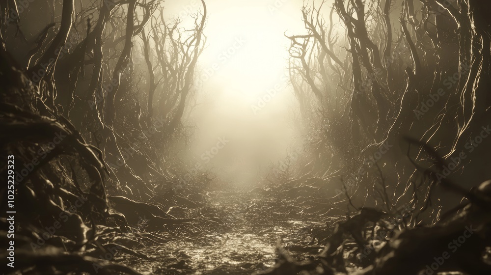 Fototapeta premium Eerie Hellscape: Abyss of Despair with Flickering Lights and Shadowy Figures | Ultra-Detailed, Cinematic Lightning