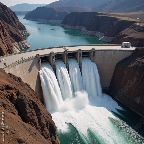 Hydroelectric Power Plant showcasing a massive Dam surging waters driving Turbines surrounded by mountainous landscapes and flowing rivers photo