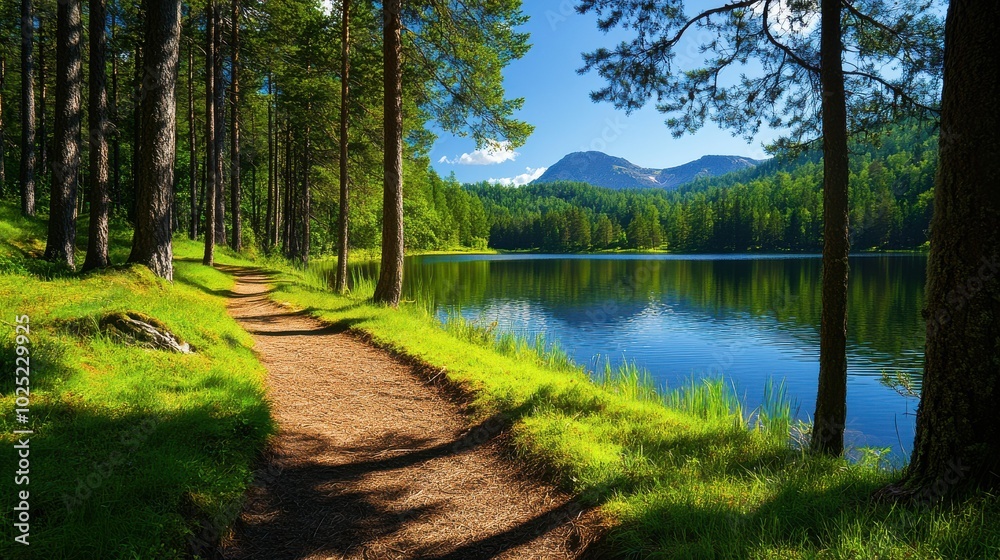 Scenic Pathway Leading to Tranquil Lake View Scenic Pathway Leading to Tranquil Lake View