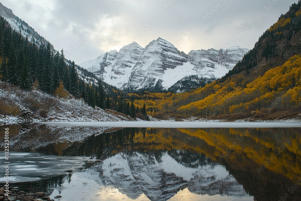 Fototapeta premium A sunrise shot of Maroon Bells in Aspen, Colorado rocky mountains and autumn yellow foliage in close-up and frozen lake in winter with snow