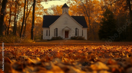 Leaves ground front church fall barn background golden hour scene voice religion summer forgiveness black roof 