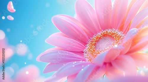   A pink flower with water droplets on its petals against a blue sky