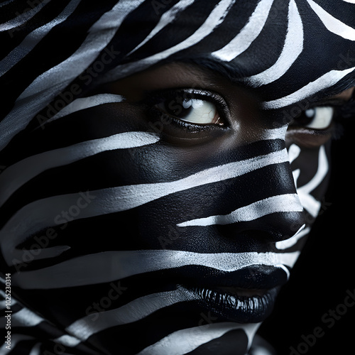 Close up portrait of a beautiful African American woman covered with black and white paint over her face in zebra pattern. Body art. 