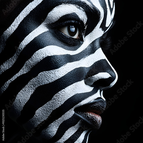 Close up portrait of a beautiful African American woman covered with black and white paint over her face in zebra pattern. Minimal body art. 