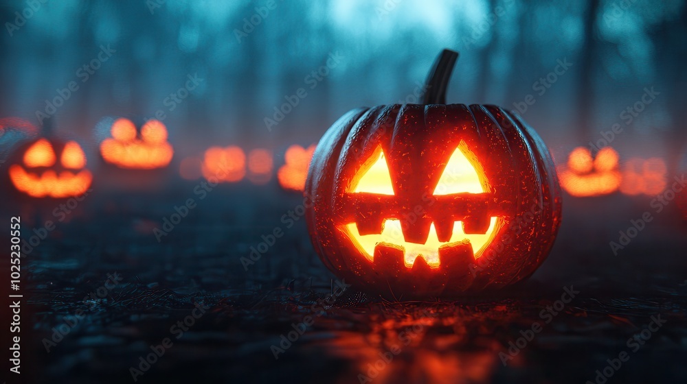 A spooky Halloween scene featuring glowing jack-o'-lanterns surrounded by a misty, dark forest. A spooky Halloween scene featuring glowing jack-o'-lanterns surrounded by a misty, dark forest.