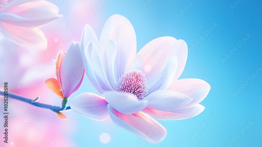 Fototapeta premium a pink bloom on a limb against a blue sky backdrop