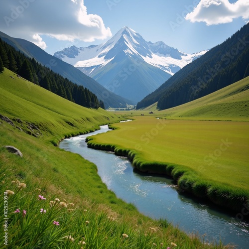 Scene Serene Natural Escape - Peaceful Untouched Landscapes with Rivers Mountains Endless Green Fields