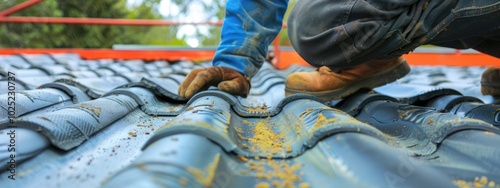 Installation of Tile Roofs by Professional Roofing Construction Worker