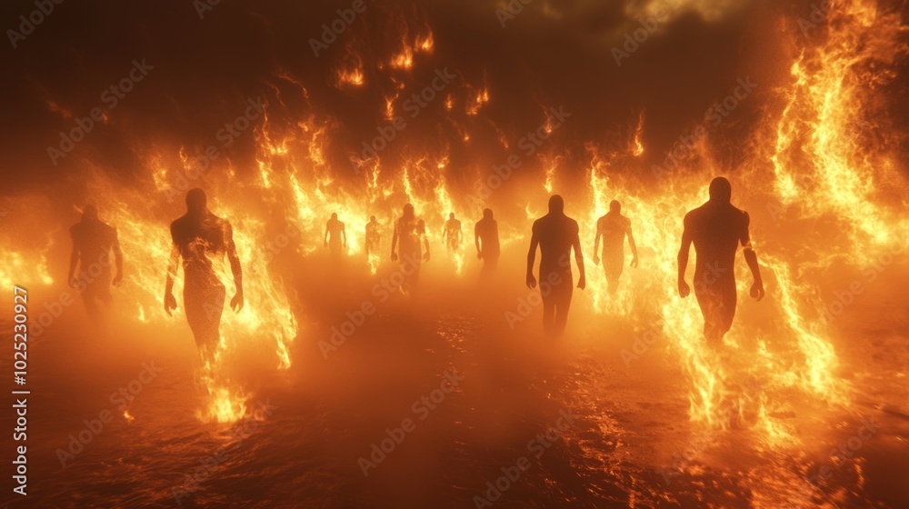 Fototapeta premium Eerie Ghostly Procession in Fiery Hellscape - 3D Render with Ultra-Detailed, Cinematic Lightning