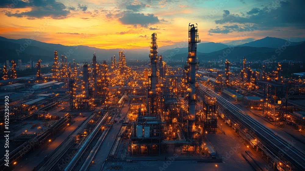 Obraz premium Aerial view of an illuminated oil refinery at sunset.