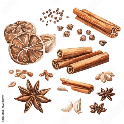 Watercolor Illustration of Aromatic Spices