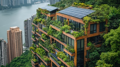 A modern, eco-friendly apartment building with green rooftops and solar panels, nestled in a lush, green hillside overlooking a cityscape and a river.