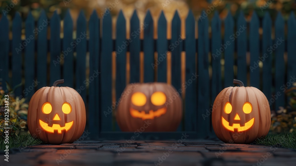 Fototapeta premium A serene Halloween scene featuring glowing jack-o'-lanterns and a rustic wooden fence.