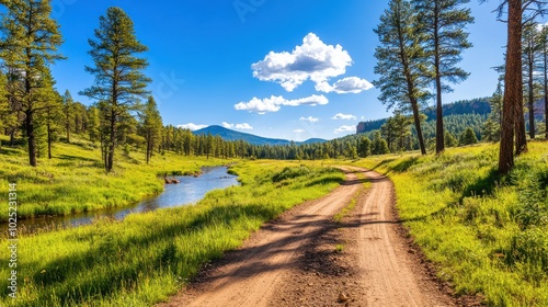 Scenic Drive Through Pine Forest with Stream and Mountains