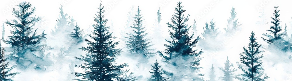 Fototapeta premium Winter forest. Watercolor illustration for a seamless horizontal pattern. A fir forest with blue fir trees on a cloudy day.