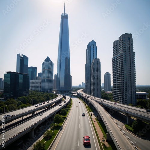 Urban skyline displaying modern buildings and roadways