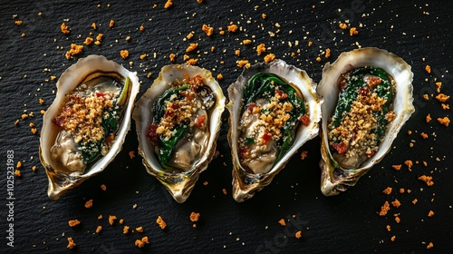 Baked oysters with bacon and spinach, isolated on a charcoal background with scattered breadcrumbs photo