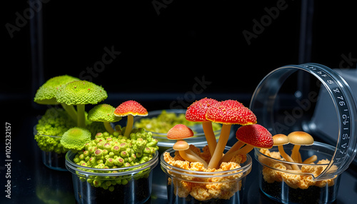 Green and red colors. Trichoderma and Sclerotinia in the laboratory in the special rounded containers isolated with white highlights, png photo