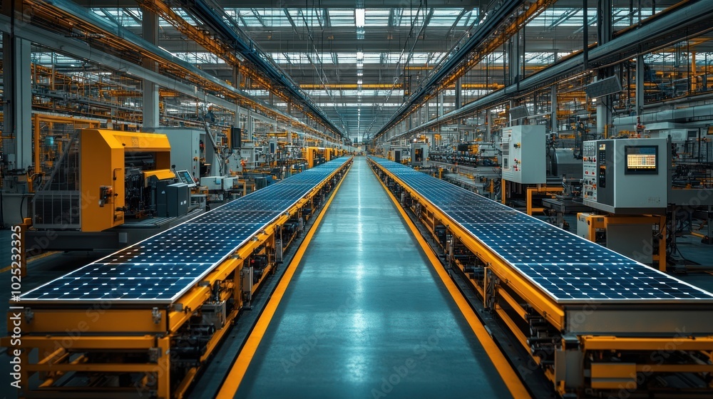 A long, empty, industrial production line in a factory with solar panels on the conveyors. A long, empty, industrial production line in a factory with solar panels on the conveyors.
