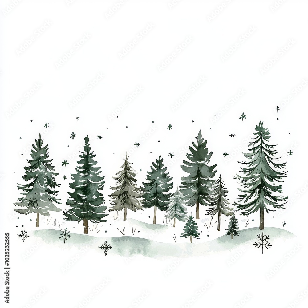 Obraz premium Handpainted watercolor nursery composition of forest forest scene with snowflakes and fir tree. Illustration for baby shower design, kids print, wall art.