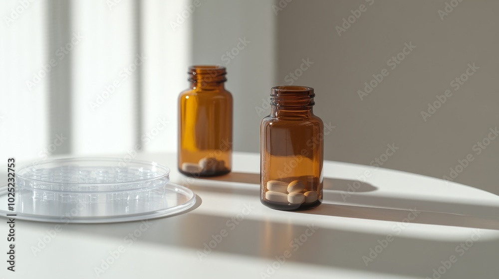 The brown pill was poured from an unlabeled pill bottle. One medicine bottle is placed on a glass platform and the other is placed on a petri dish. Minimalist space for advertising. The brown pill was poured from an unlabeled pill bottle. One medicine bottle is placed on a glass platform and the other is placed on a petri dish. Minimalist space for advertising.
