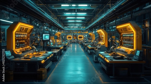 Futuristic factory interior with rows of workstations and glowing machinery.