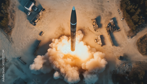 Large ballistic missile launched in remote desert base, some military vehicles near, aerial view from above. Generative AI photo