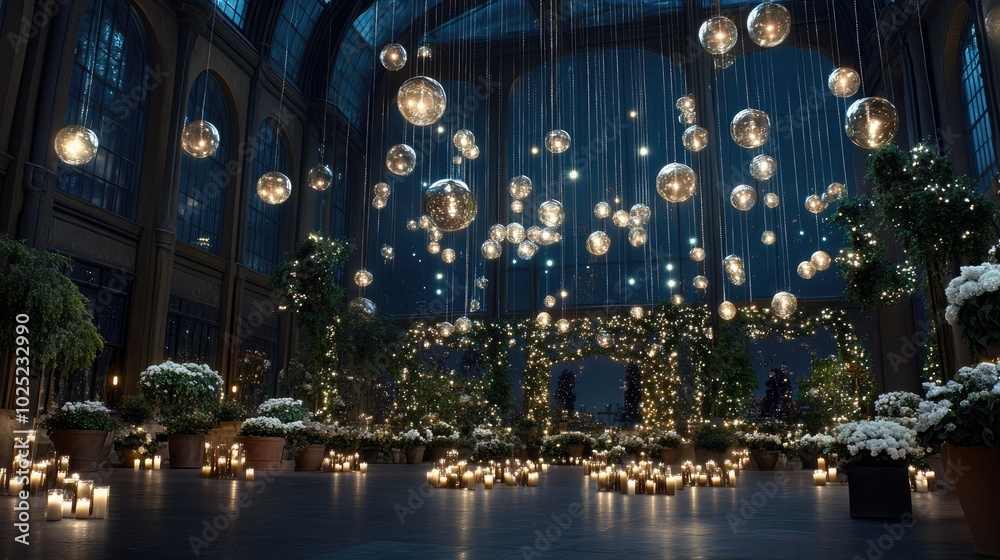 Obraz premium The cozy winter garden shed glimmers under a starlit sky, decorated with glass baubles and surrounded by flickering candles, creating a romantic, enchanting atmosphere