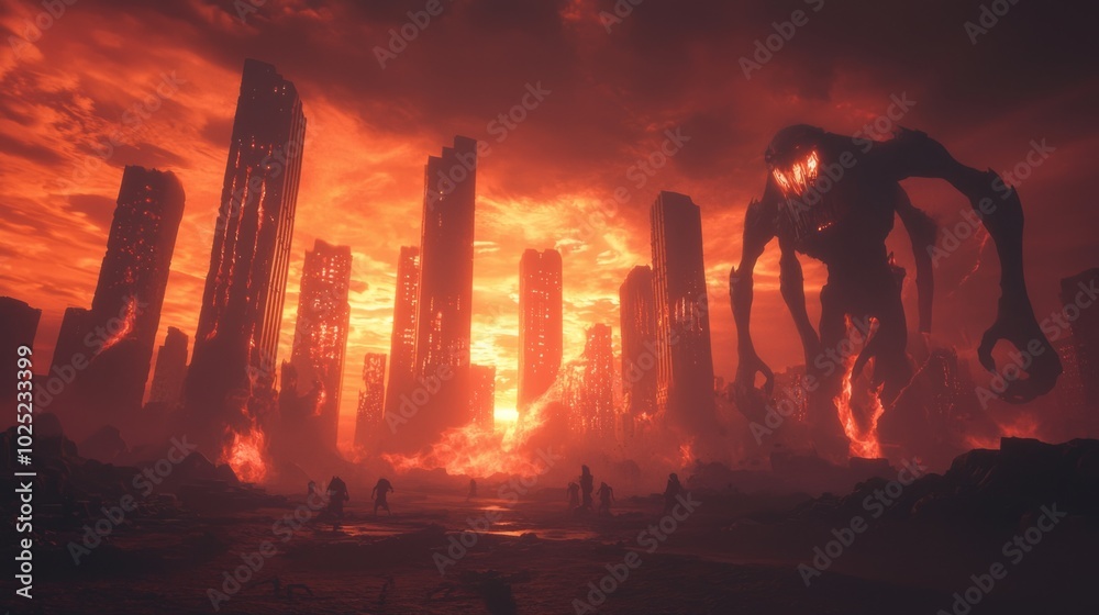 Naklejka premium Apocalyptic Nightmares: 3D Render of Burning City with Monstrous Creatures and Cinematic Lightning