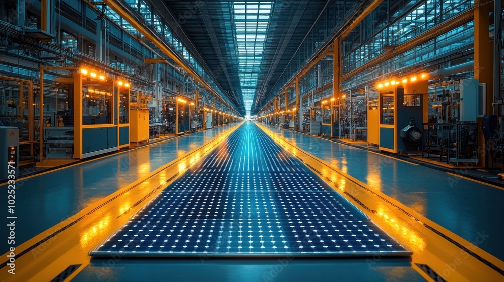 A long, empty factory floor with a conveyor belt in the center and rows of machinery on either side. A long, empty factory floor with a conveyor belt in the center and rows of machinery on either side.