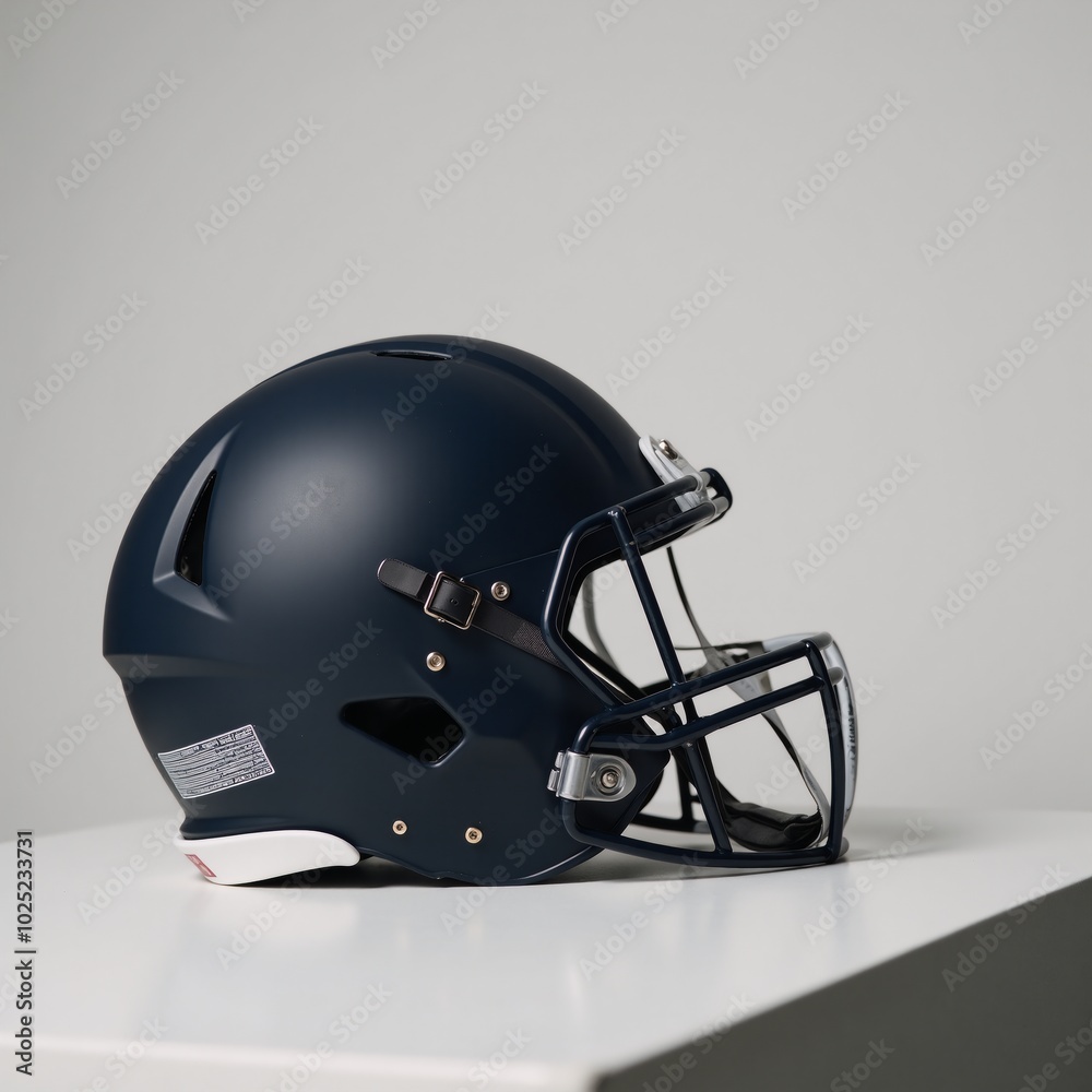 Naklejka premium Minimalistic stock photo Close-up of a football helmet on a bench featuring simplified forms and contrasting colors leaving ample room for text insertion