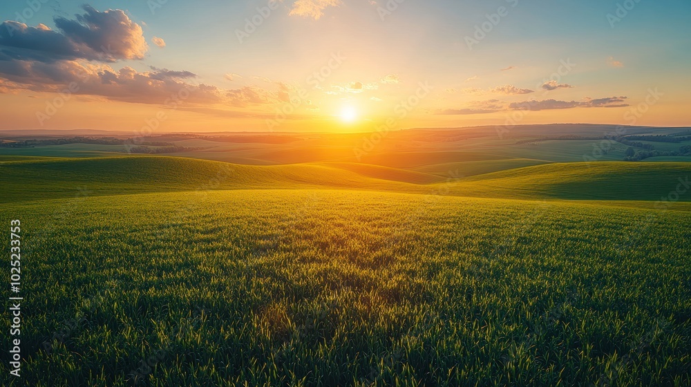 A scenic landscape of rolling green hills under a beautiful sunset sky. A scenic landscape of rolling green hills under a beautiful sunset sky.