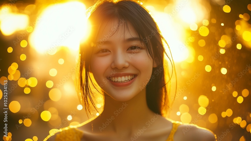 Fototapeta premium Young girl smiling rain boy single golden sunlight rave yellow spell deep shoulders beer summer mixed race woman loose hair chinese 