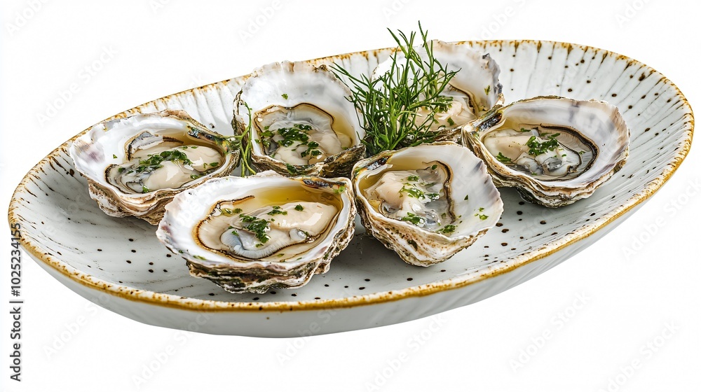 Oysters with a drizzle of truffle oil, isolated on a white porcelain plate with gold accents Oysters with a drizzle of truffle oil, isolated on a white porcelain plate with gold accents