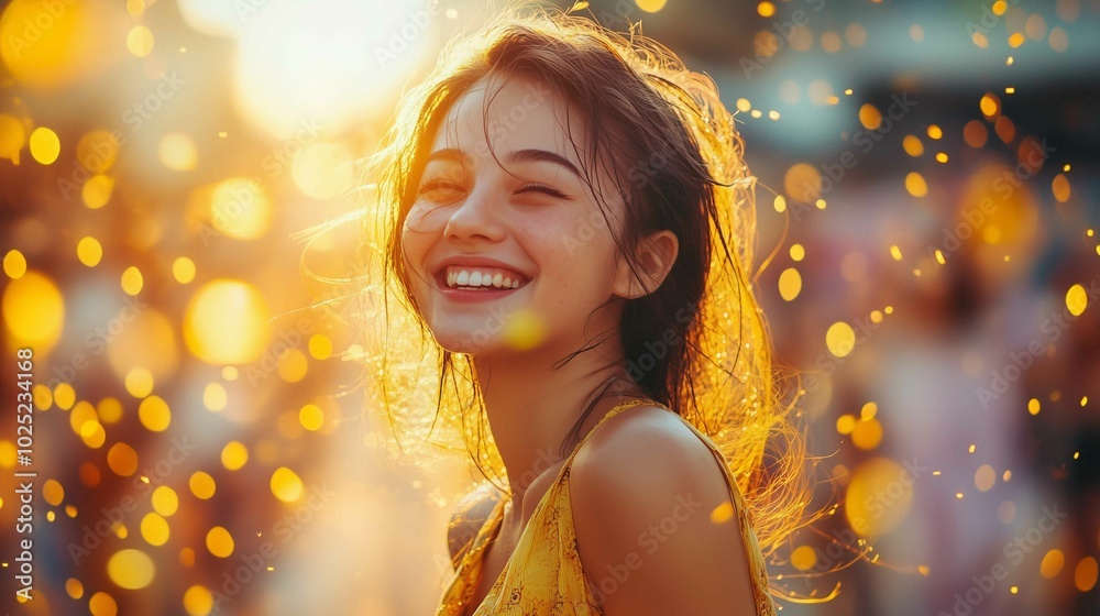 Young girl smiling rain boy single golden sunlight rave yellow spell deep shoulders beer summer mixed race woman loose hair chinese
