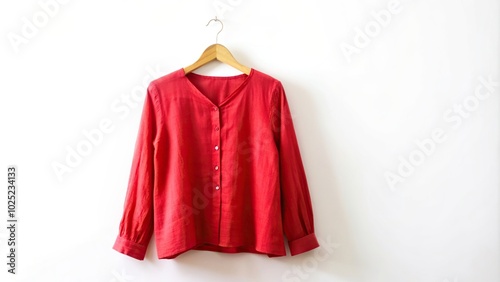 A beautiful red linen blouse hangs on a hanger isolated on a white background, white background, trendy, minimalist, clothing item, fashion industry, wide-angle, hanger, modern, versatile