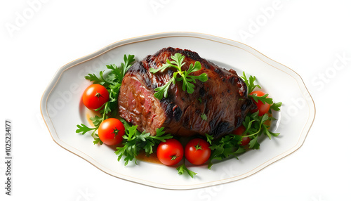 Beef Roast with Tomatoes and Arugula on Elegant Plate - Top View isolated with white highlights, png