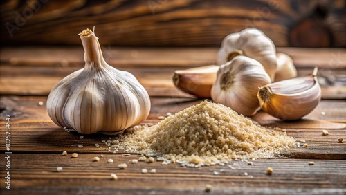 Dry granulated and fresh garlic placed on a wooden table in a forced perspective shot, white background, ingredient, organic, condiment, fresh, food,garlic, spice, culinary, perspective