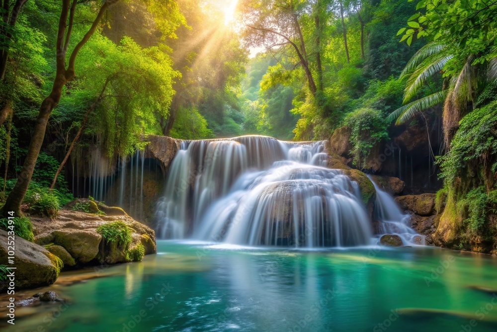Obraz premium Medium waterfall flowing through the lush jungle in the soft morning light of spring, medium, picturesque, peaceful, sunlight, nature, greenery, water, vibrant, natural landscape, rocks