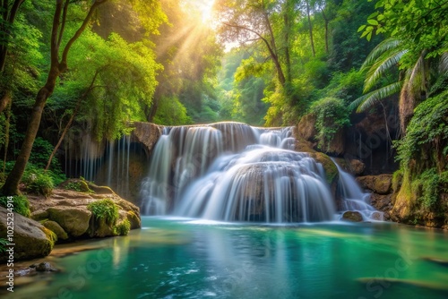 Medium waterfall flowing through the lush jungle in the soft morning light of spring, medium, picturesque, peaceful, sunlight, nature, greenery, water, vibrant, natural landscape, rocks