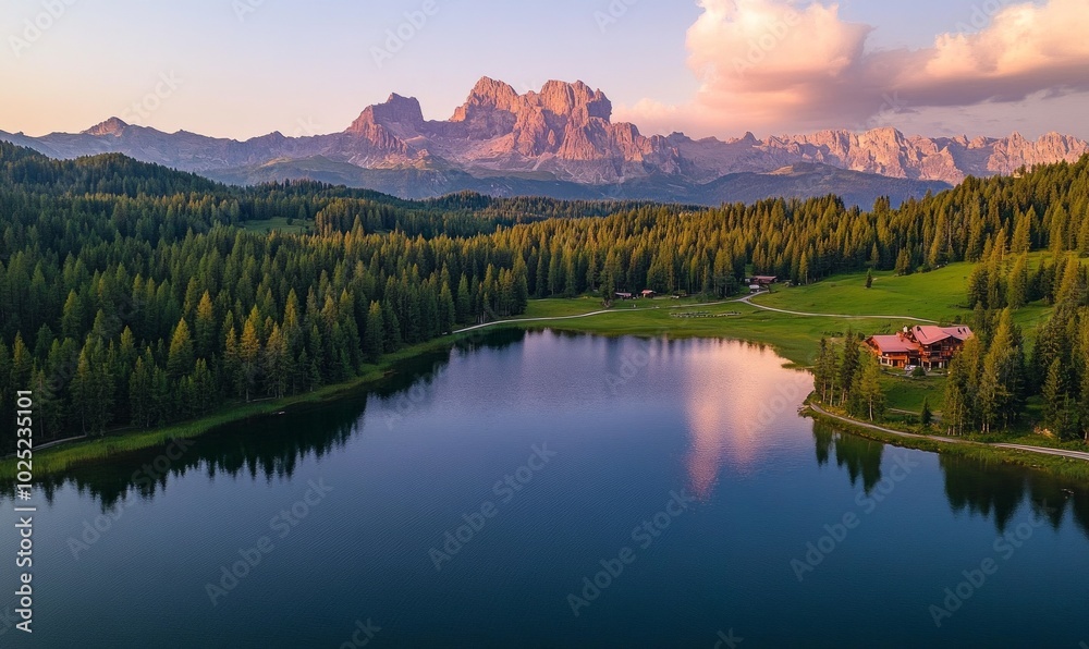 Aerial view of Misurina Lake coastline with forest along the coast at sunset Aerial view of Misurina Lake coastline with forest along the coast at sunset