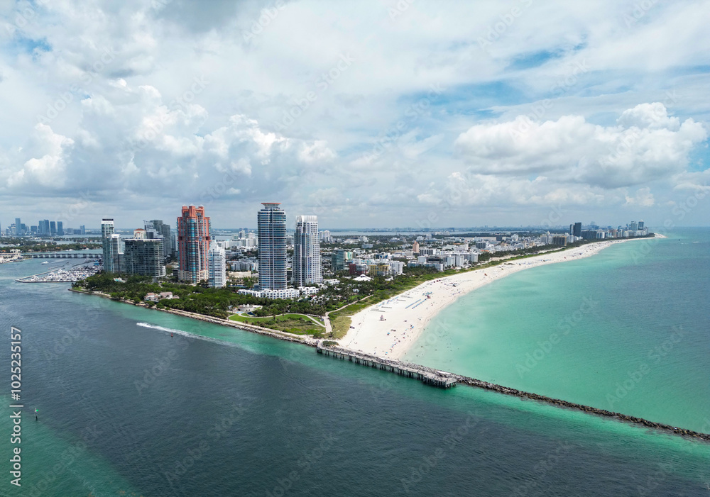 Aerial view of Miami Beach city, Florida, United States. Drone shot of Miami on sunny day. Miami Beach, wonderful aerial view of buildings. Panorama view of Miami Beach, South Beach, USA. Aerial view of Miami Beach city, Florida, United States. Drone shot of Miami on sunny day. Miami Beach, wonderful aerial view of buildings. Panorama view of Miami Beach, South Beach, USA.