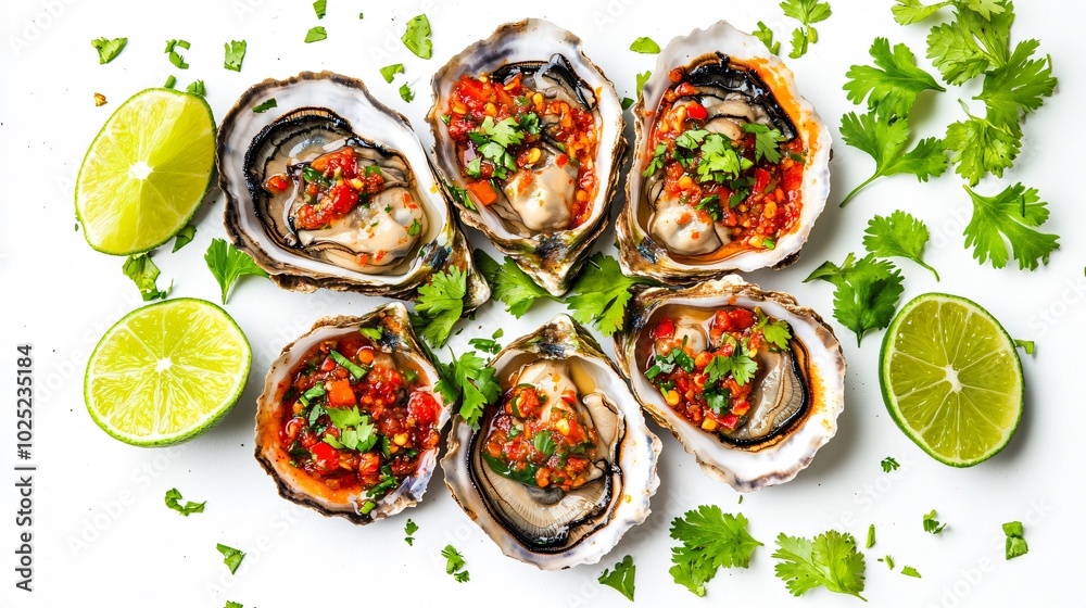 Spicy oysters with chili and lime, isolated on a matte white background with vibrant green cilantro Spicy oysters with chili and lime, isolated on a matte white background with vibrant green cilantro