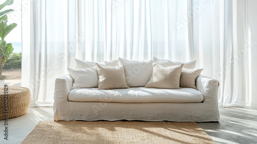 Breezy Hamptons-inspired coastal living room with slipcovered sofa, jute rug, and sheer curtains. Bright, airy, and sophisticated interior design. High-quality stock photo. photo