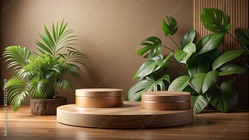 Wooden product display podium with nature leaves on a white background, emphasizing organic beauty and eco-friendly design. Wooden product display podium with nature leaves on a white background, emphasizing organic beauty and eco-friendly design.